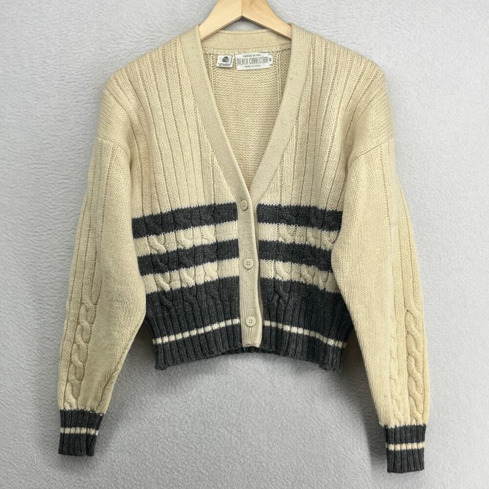 FRENCH CONNECTION Cardigan M Pure Virgin Wool Cable Colorblock Grandma Beige VTG